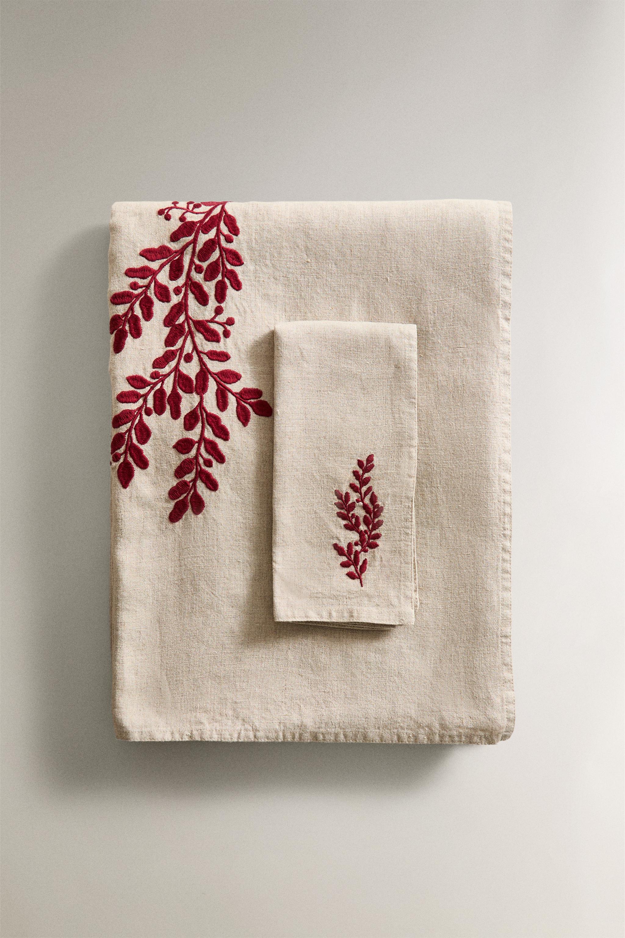 CHRISTMAS RED LEAF LINEN TABLECLOTH